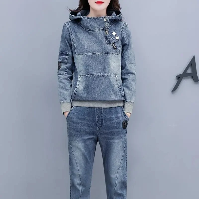 

Two piece Set Denim Women's Suit 2026 Spring Autumn New Long sleeved Hooded Top+Denim Pants Fashion Casual Women's Clothing Sets