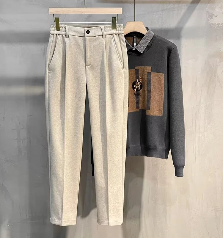 Pantaloni a gamba dritta in lana da uomo Autunno Inverno Pantaloni lunghi casual spessi Pantaloni coreani a nove punti Faionable
