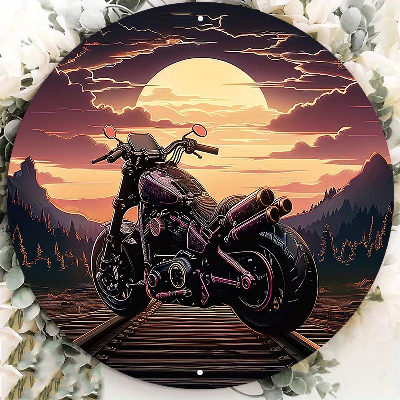 Aluminum Motorcycle Sunset Wall Art Decor, Round Metal Sign, Scenery Circle Plaque, Waterproof, Home Decor, 8x8 Inch