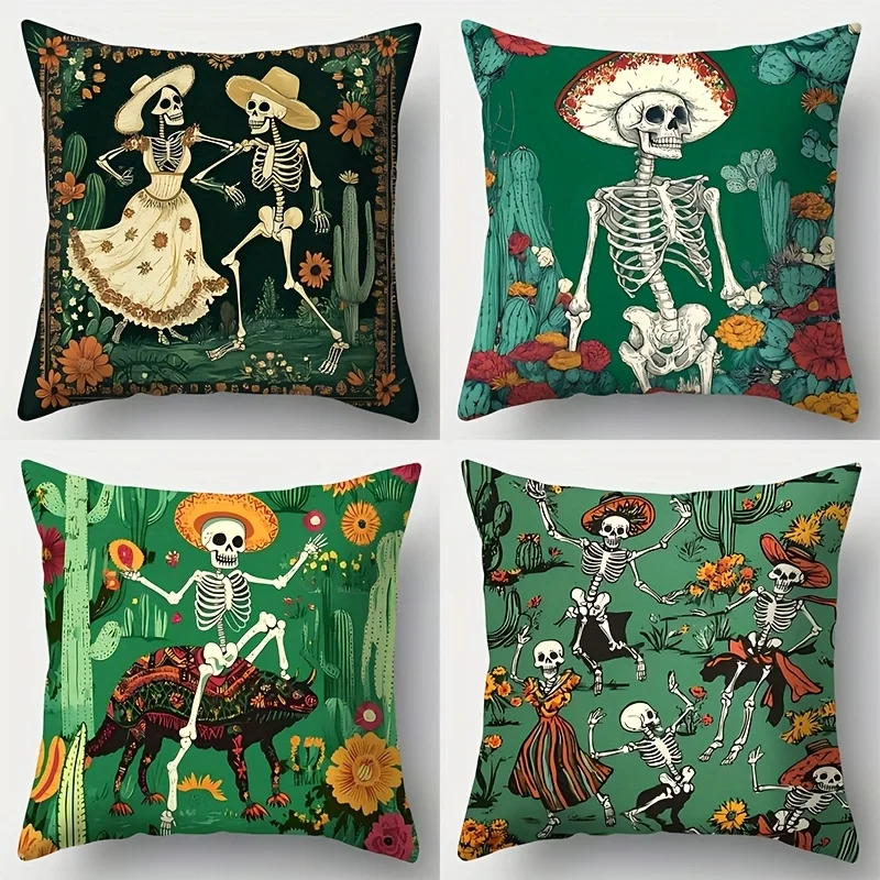 4pcs Set, Sofa Cushion Covers, Vintage Skull Dance Pillowcases, 17.7 Inches by 17.7 Inches, Single-Sided Print, Home Decor, Sofa