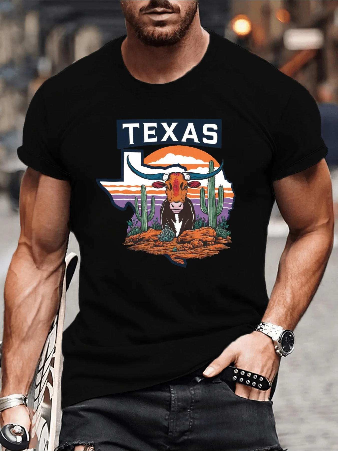 Texas Pride Plus Size Men'S T-Shirt | Casual Short Sleeve With Longhorn Steer Graphic, Breathable, Machine Washable, All-Season,