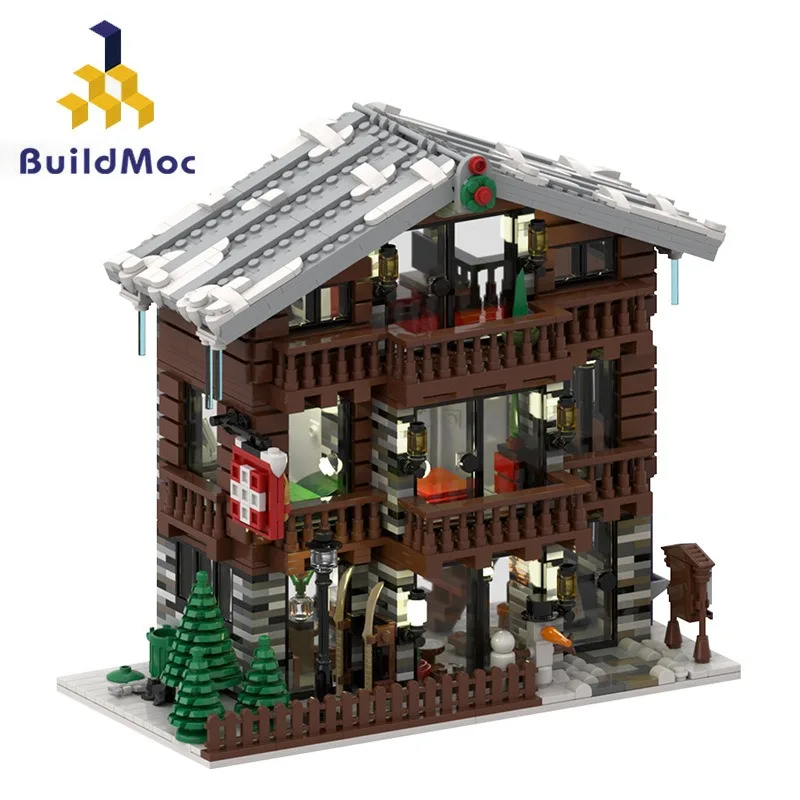 2231PCS MOC Christmas Alpine Lodges Building Blocks Creative Street View Winter Snow House  Architecture Model Toys for Kid Gift