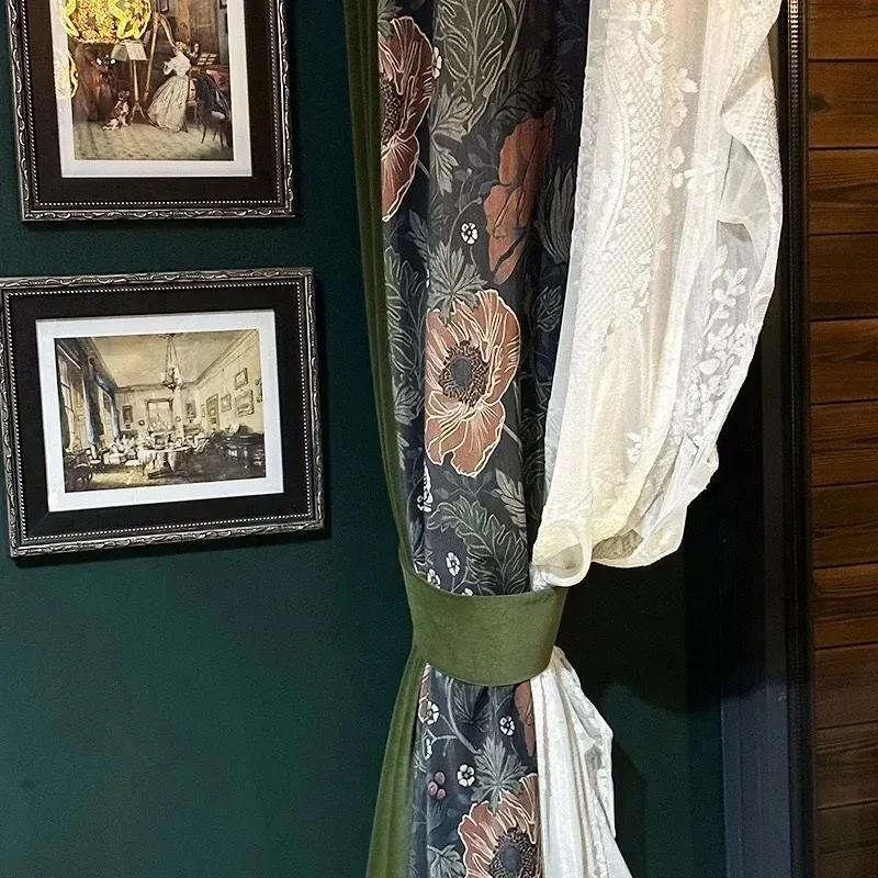 

Olive Green Curtains for Living Room Bedroom Luxury Blackout American Vintage Romantic French Lace Yarn Dining Room White Tulle