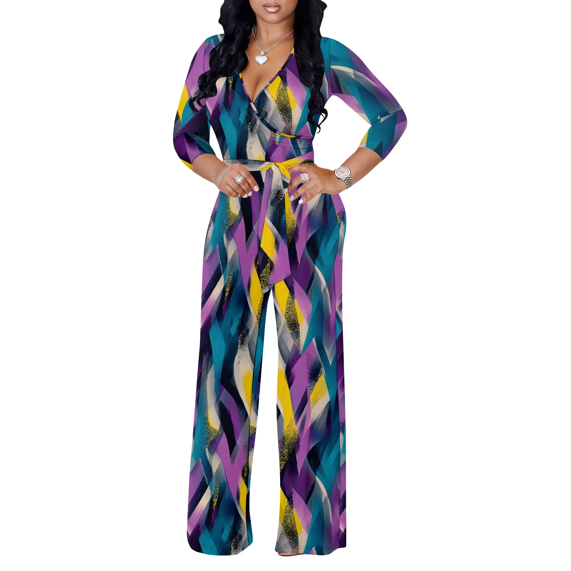 

Jumpsuits for Women Elegant Print High Waist Sexy V Neck Wide Leg Long Jumpsuit with Belt