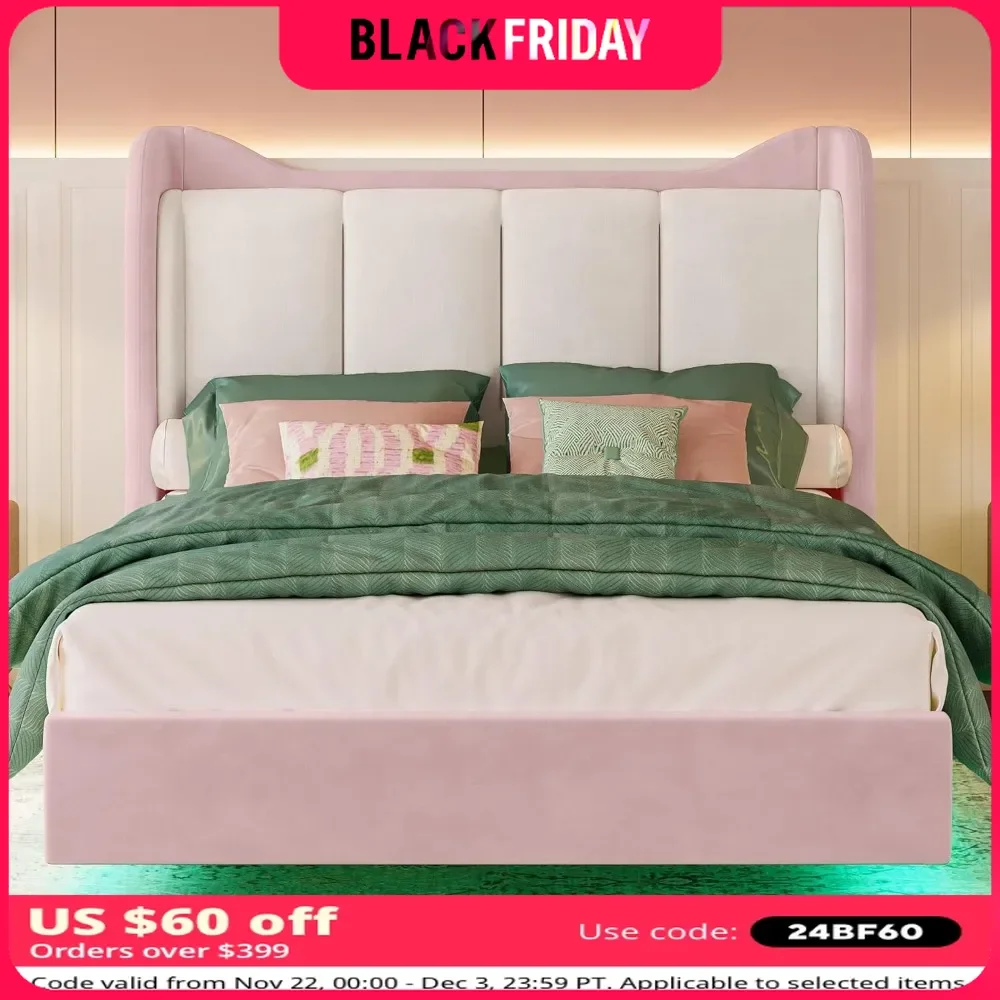 Floating Bed Frame Full with LED Lights Upholstered Full Platform Bed Frames with Cartoon Cat Ears Shaped Headboard Bed Frame