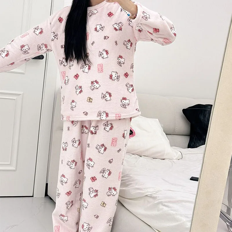 アニメハローキティ女性のパジャマ冬漫画フランネルパジャマパンツセットかわいい女の子カジュアルラウンジウェアソフトで快適