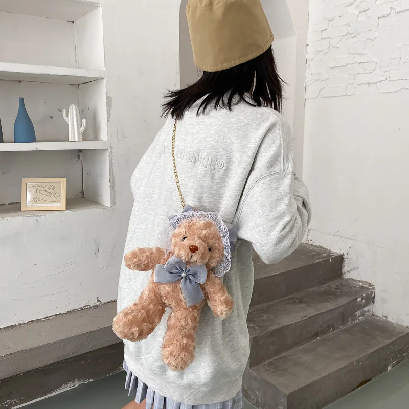 Sacs à bandoulière moelleux pour enfants et femmes, sac à bandoulière ours mignon, Adorable ours en peluche pour filles, nœud perle Lolita Kawaii, sac à main en dentelle douce