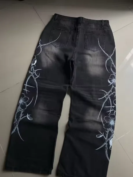 Y2K Gothic Men's Black Distressed Jeans White Thorn Floral Print Wide Leg Baggy Denim Pants Streetwear Casual Trousers