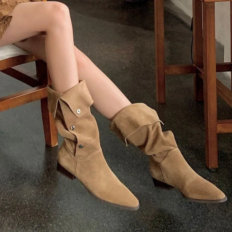 Mid Calf Chunky Chelsea Boots Women Winter Shoes 2023 New Designer Suede High Boots Casual Mid Heels Goth Snow Motorcycle Botas