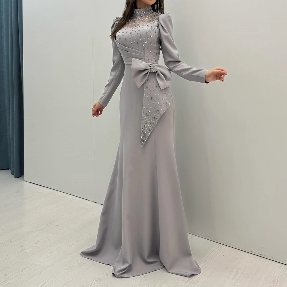 

Вечерние платья трапециевидной формы по индивидуальному заказу, длиной до пола, с высоким воротником и длинными рукавами, платье для выпускного вечера, модное драпированное вечернее платье с кристаллами и бантом