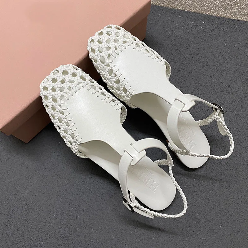 

The Women's Shoes Retro Genuine Leather Woven Buckle T-shaped Strap Roman Flat Sandals