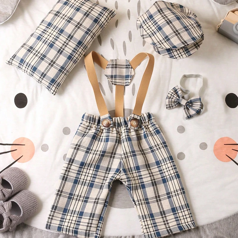 Ylsteed 4 Pieces Set Newborn Props Plaid Outfit for Photoshoot Baby Boy Overalls With Hat Posing Pillow Infant Studio Clothes