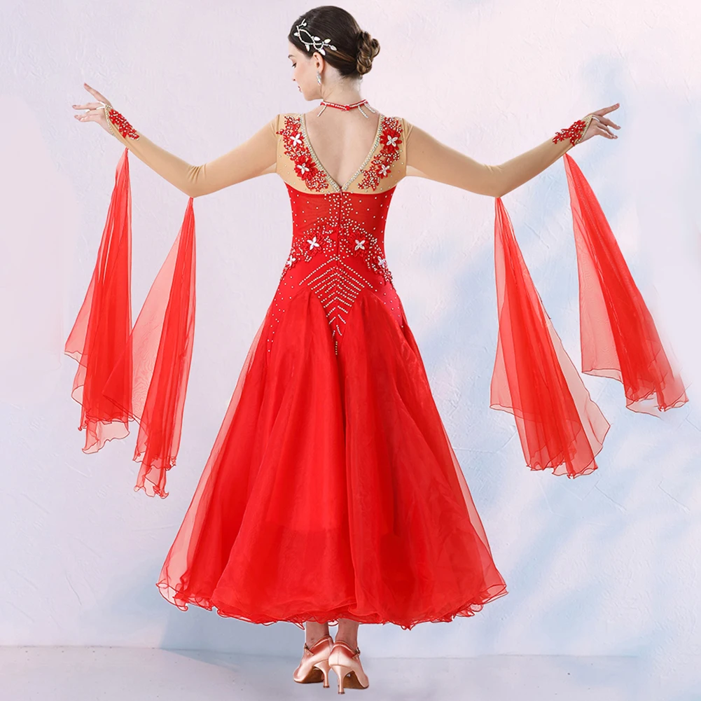 Falda de Flamenco para mujer, vestido de competición de vals de salón con cuello redondo, diamantes de imitación de alta calidad, práctica moderna, baile elegante rojo