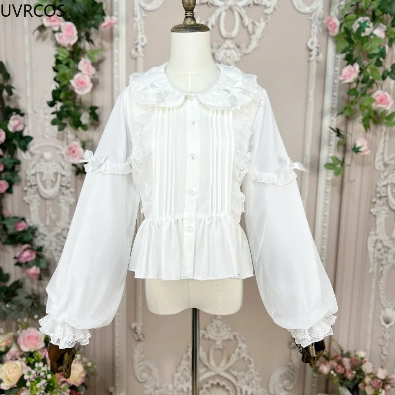 Vintage Elegant Lolita Blouses Kawaii Peter Pan Collar Lantern Sleeve Shirt Female Sweet Lace Ruffles Bow Slim Tops Blusas Mujer