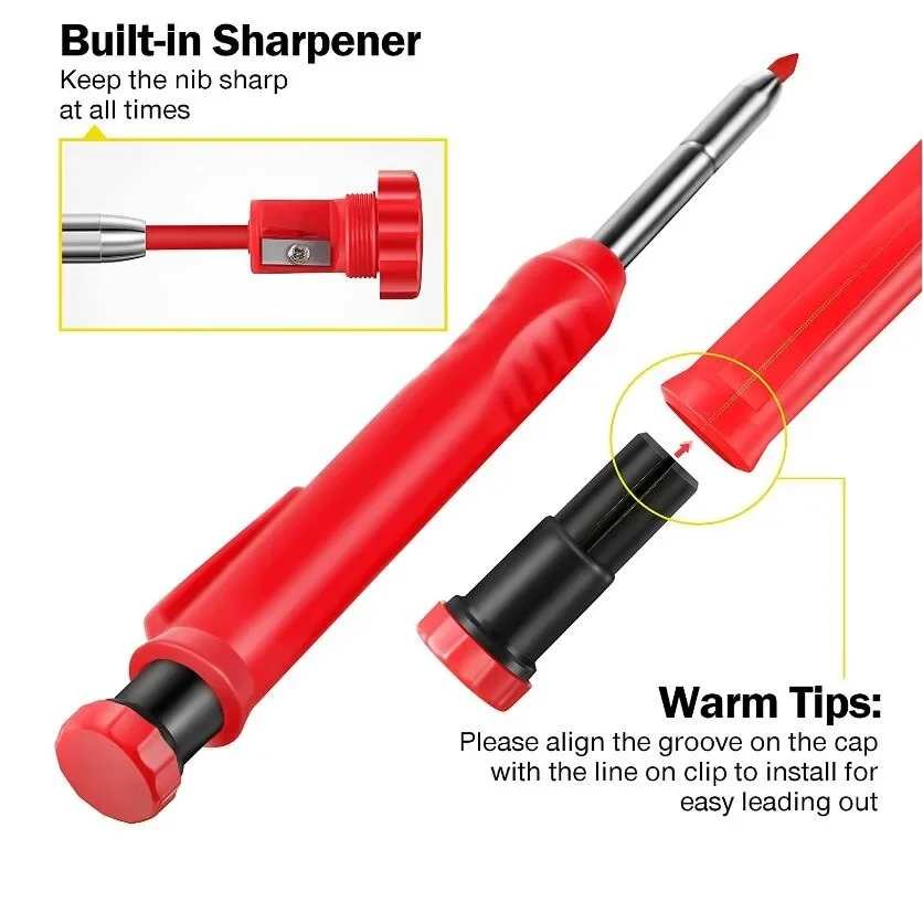 LTZFTL-Crayon de Menuisier Solide avec 6 Recharges, Taille-Crayon Intégré, Crayon Mécanique à Trous Profonds, Outils de Travail de Calcul, Scripteur de Menuiserie