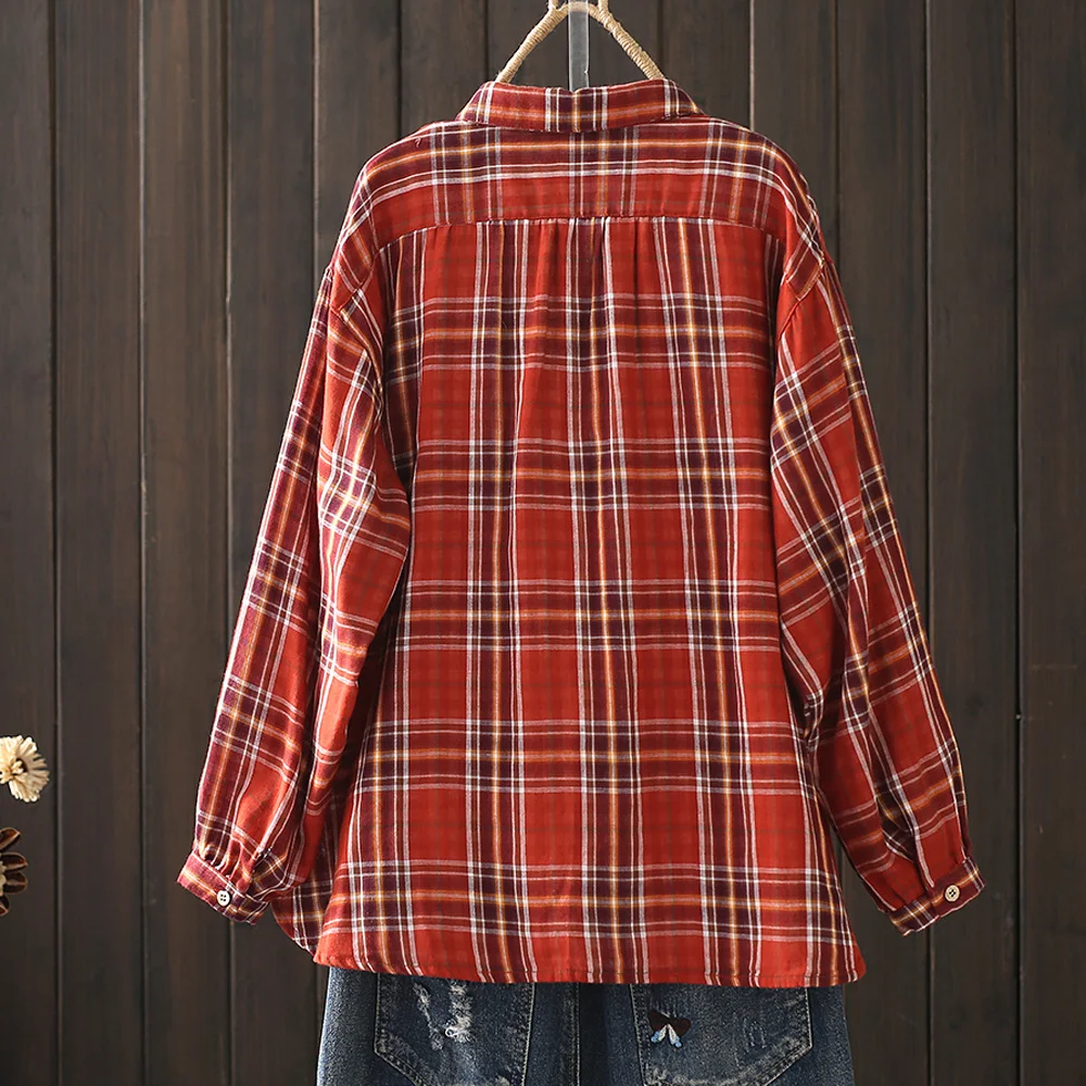 Large size blouses long sleeve 100% cotton yarn red plaid blouses for women fashion 2024 lapel checkered shirts y2k tops