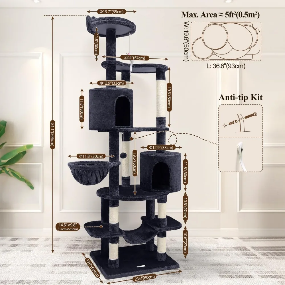 Tall Cat Tree Tower for Large Cats | 81in Multi-Level Activity Center for Multi-Cat Homes with Hammock, Cozy Perches