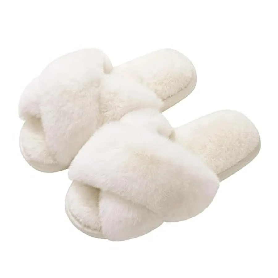 

Evshine Women's Fuzzy Slippers Cross Band Memory Foam House Slippers Open Toe