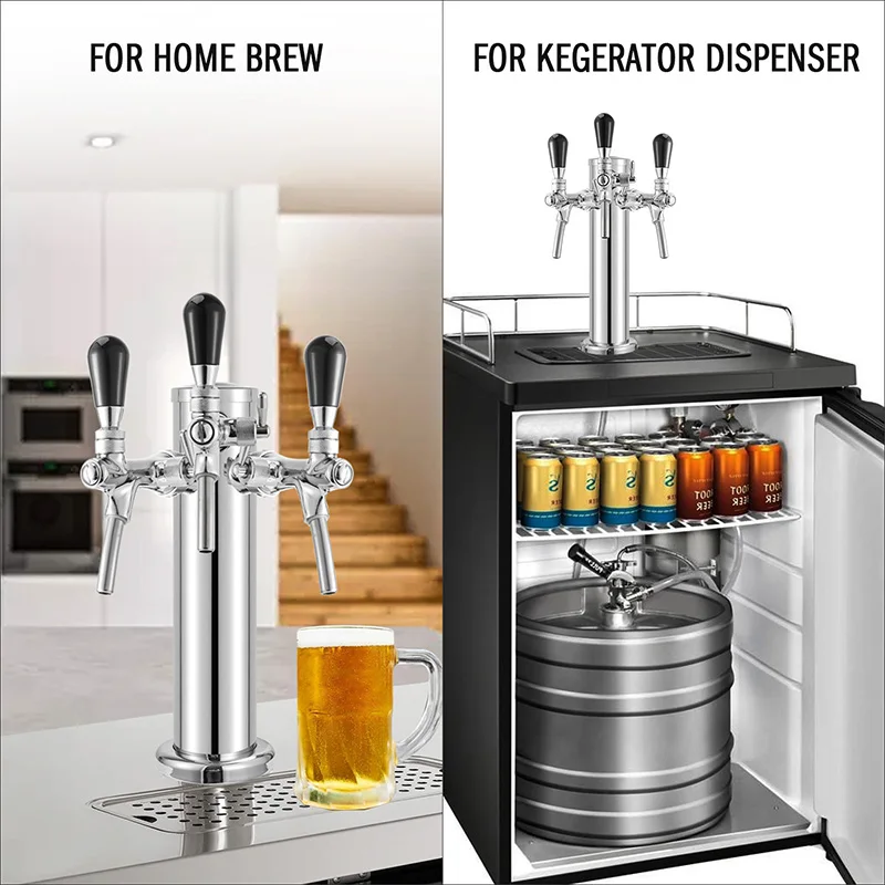 Draft Beer Tower, 3 Faucets Kegerator Beer Tower,3\'\' Silver Column 3-way Tap Dispenser with flow adjustable knob,Bar Accessories