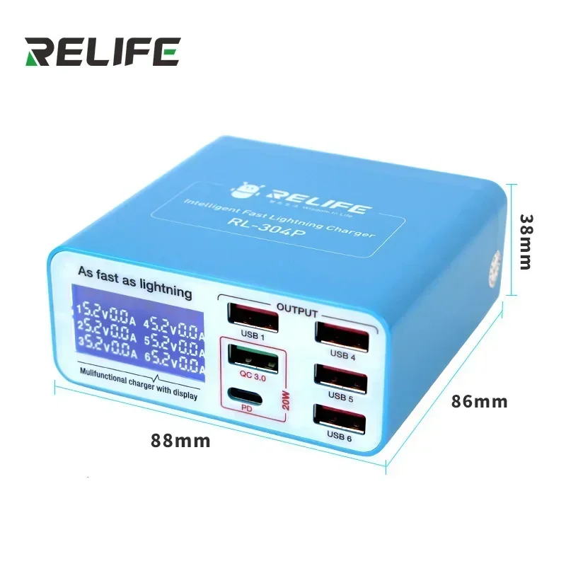 Sunshine RELIFE 304P SS-304D SS-304Q Smart 6 Port USB Digital Display Lightning Charger for IPhone Samsung Huawei Xiao Vivo Opop