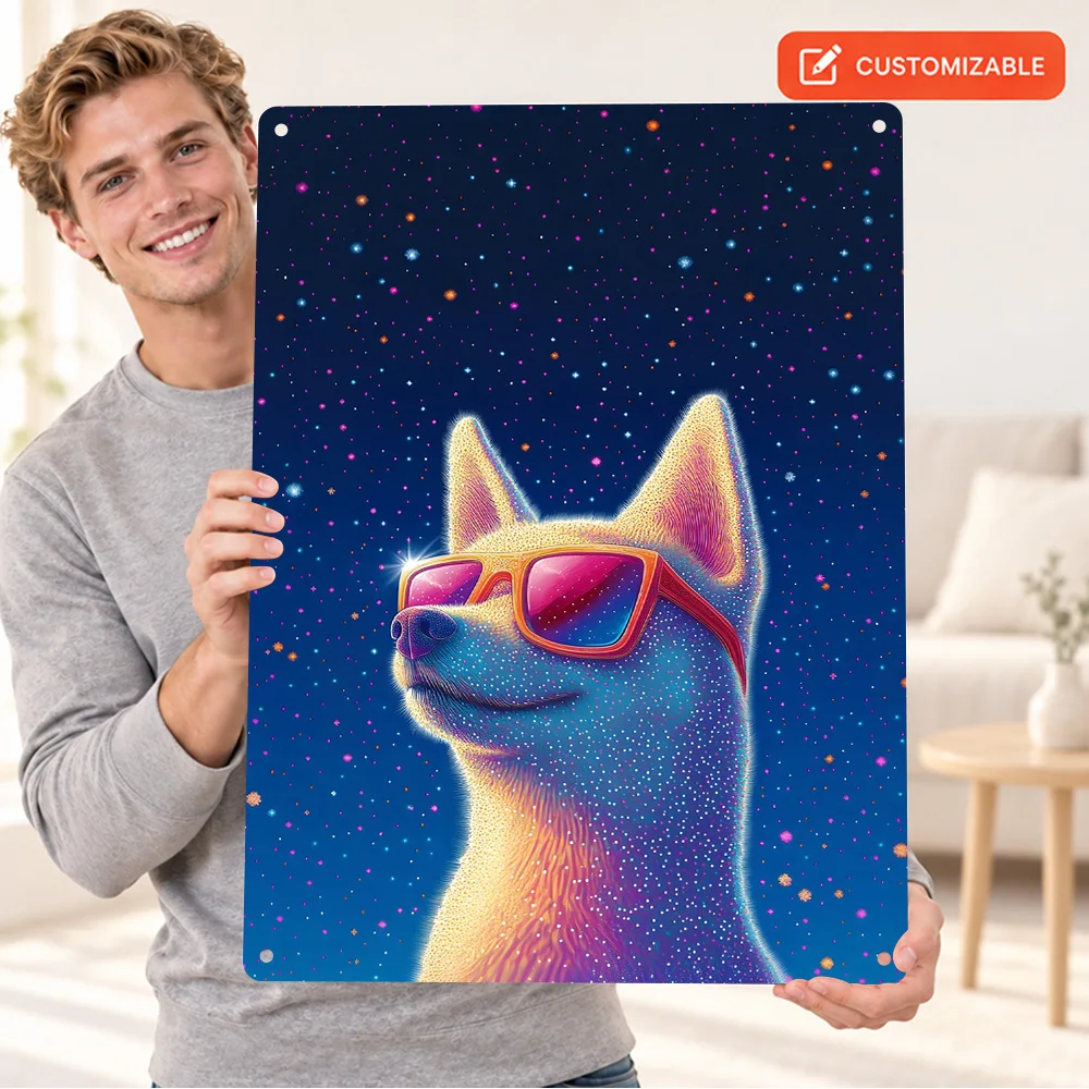 Dog In Sunglasses Against Stars Textured Metal Poster Animal Portrait Bedroom Wall Art Customized Aluminum Sign Collector Gift
