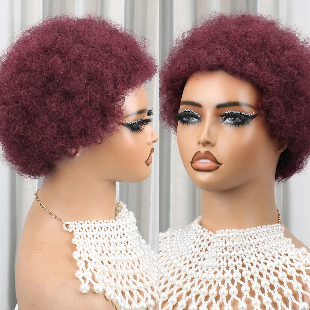 99J Burgundy Short Afro Kinky Curly Wigs for Black Women Deep Curly Pixie Cut Wig Human Hair Remy Human Hair Wear and Go Wigs