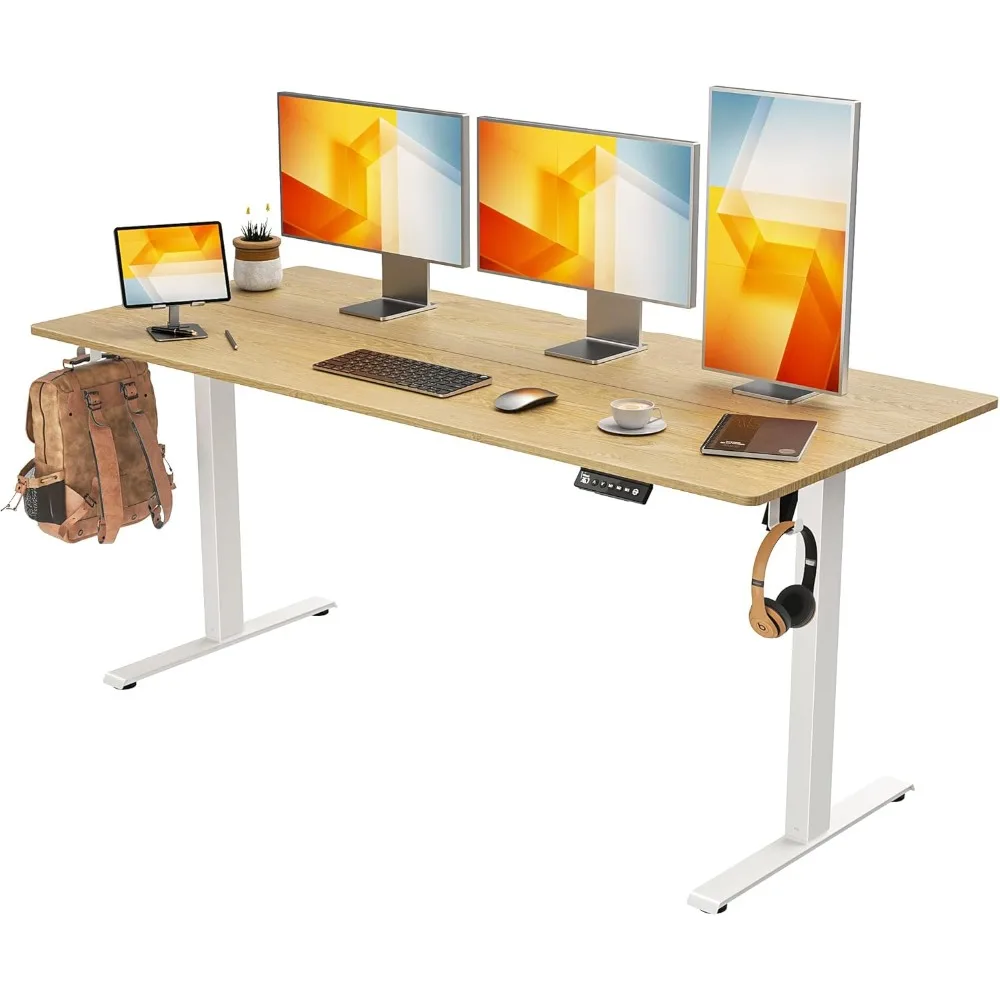 Adjustable Height Electric Standing Desk, 63 x 28 with 4 Wheels, 4 Memory Settings, and 2 Headphone Hooks for Home Office Use