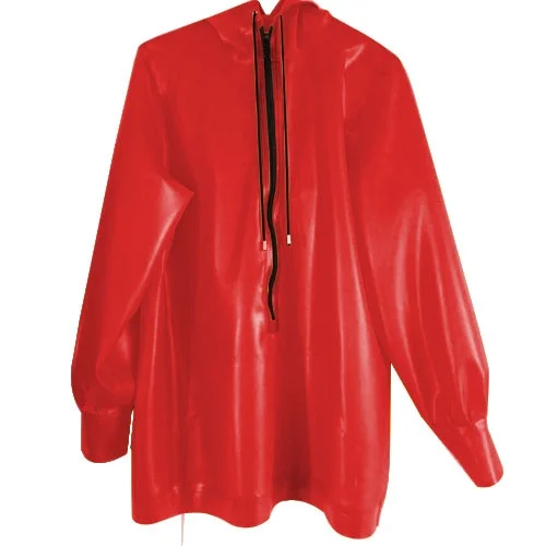 Fetish Latex Catsuit Rubber Red Sweater Casual Hooded Shirt Solid Color Sport Coat Long Sleeve