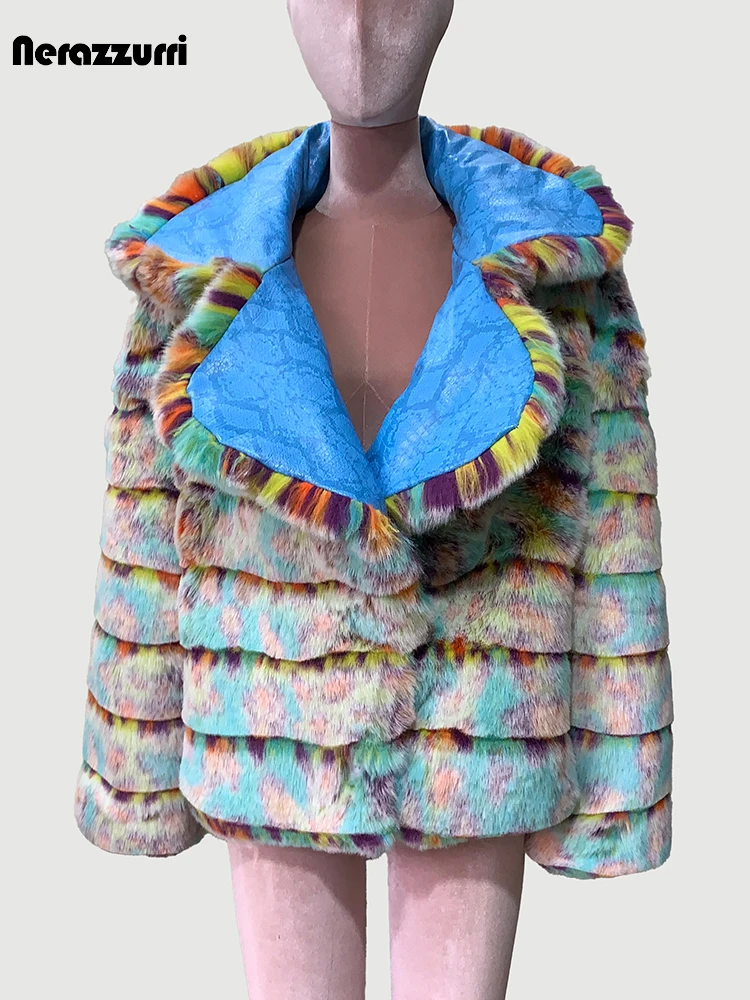 Nerazzurri Winter Short Colorful Striped Pu Leather Patchwork Faux Fur Coat Women Elegant Thickened Warm Luxury Fluffy Jacket