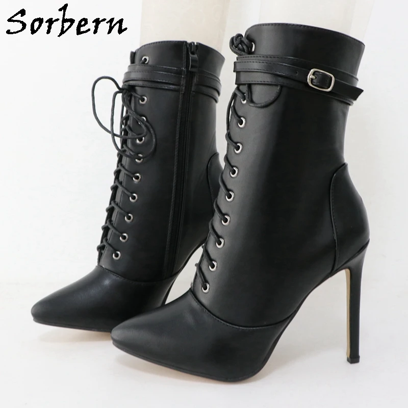 Sorbern Unisex Ankle Boots Pointy Toes Thin High Heel Stilettos Lace Up Buckle Straps Female Booties Multi Colors