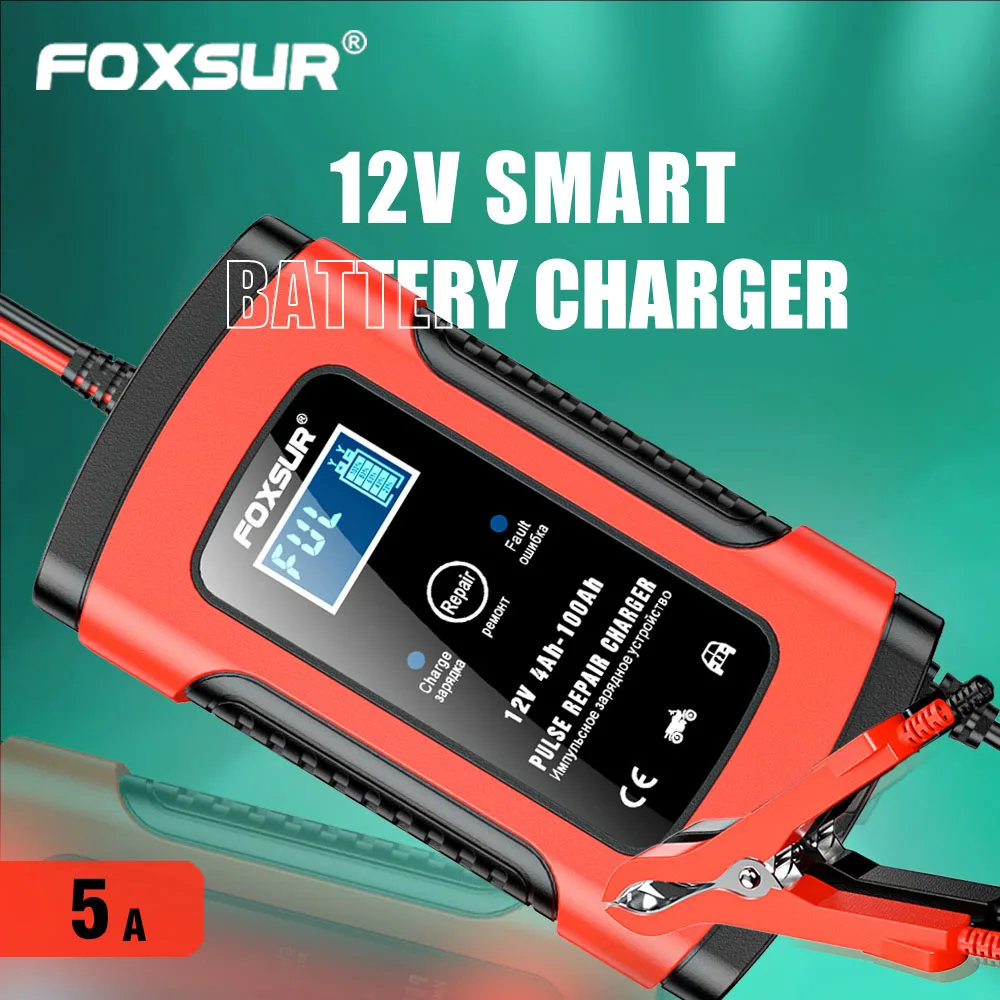 

FOXSUR 5A Car Motorcycle UPS Battery Charger 12V Volt Display Status Repair Fully Intelligent Multi-Repair LCD Battery Charger