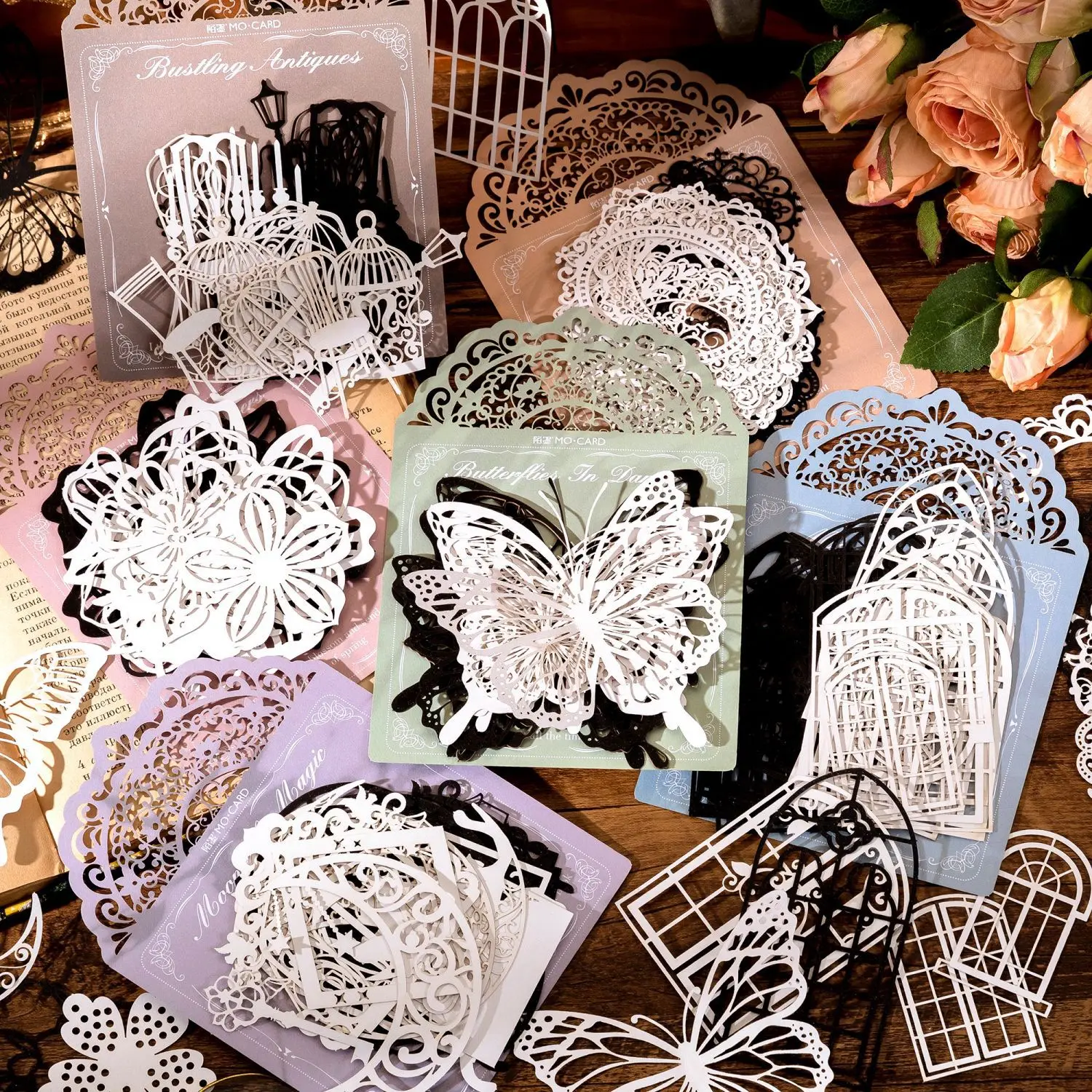 20pcs Vintage Butterfly Moon Cat Material Paper Junk Journal Ephemera Hollow Lace Frame Handmade Scrapbooking Material Pack