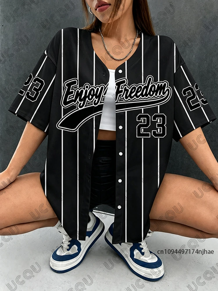 2026 Summer New Retro Black Enjoy Freedom 23 Print Blouse Women Streetwear Baseball Shirt Hip Hop Short Sleeve Button Up Tops