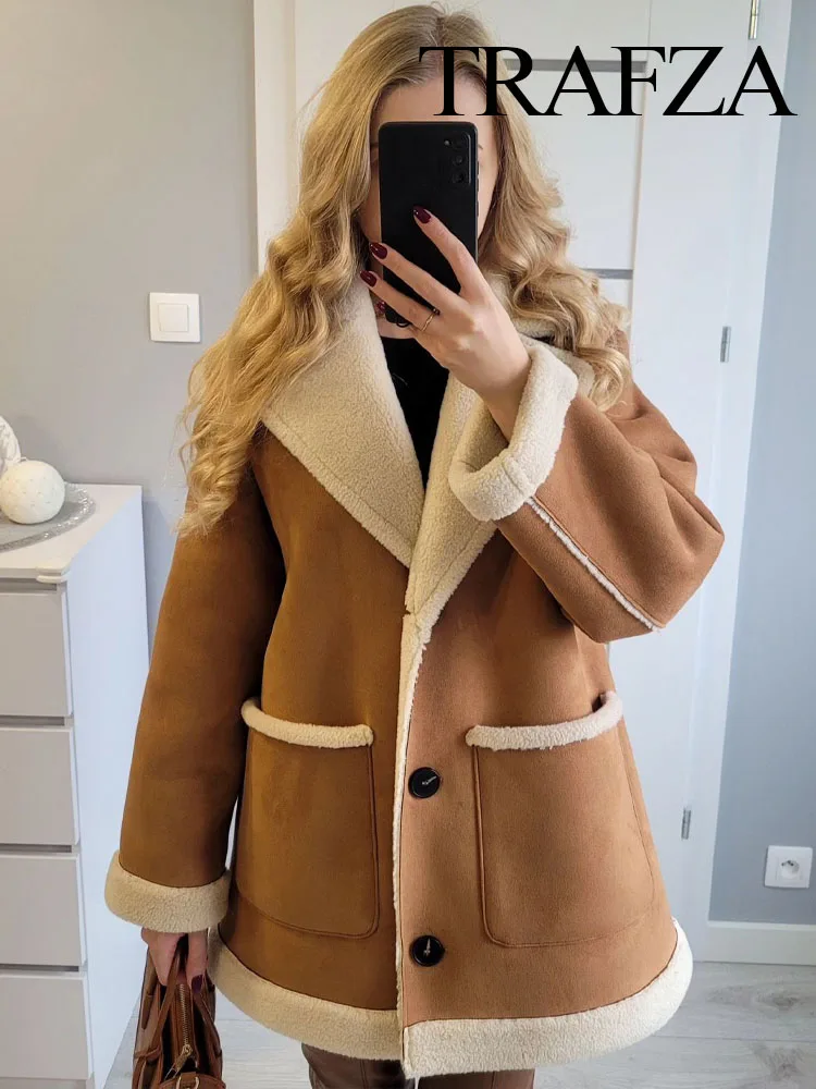 TRAFZA Women Casual Warm Coats Solid Color Turn-Down Collar Long Sleeves Pockets Single Breasted Woman Vintage Winter Coats