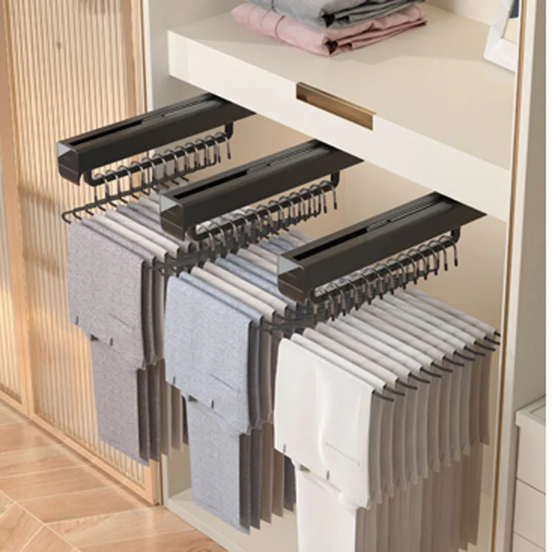 Pants Rack Cabinet Clothes Storage Clothing Holders Trousers Racks Telescopic Pants Shelves Push-pull Damping Dress Organizer