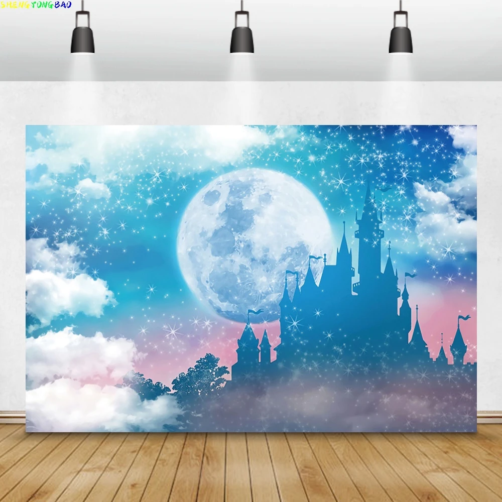 Baby Shower Backdrops Blue Sky White Clouds Moon Stars Castle Children Newborn Photography Backgrounds For Photo Studio