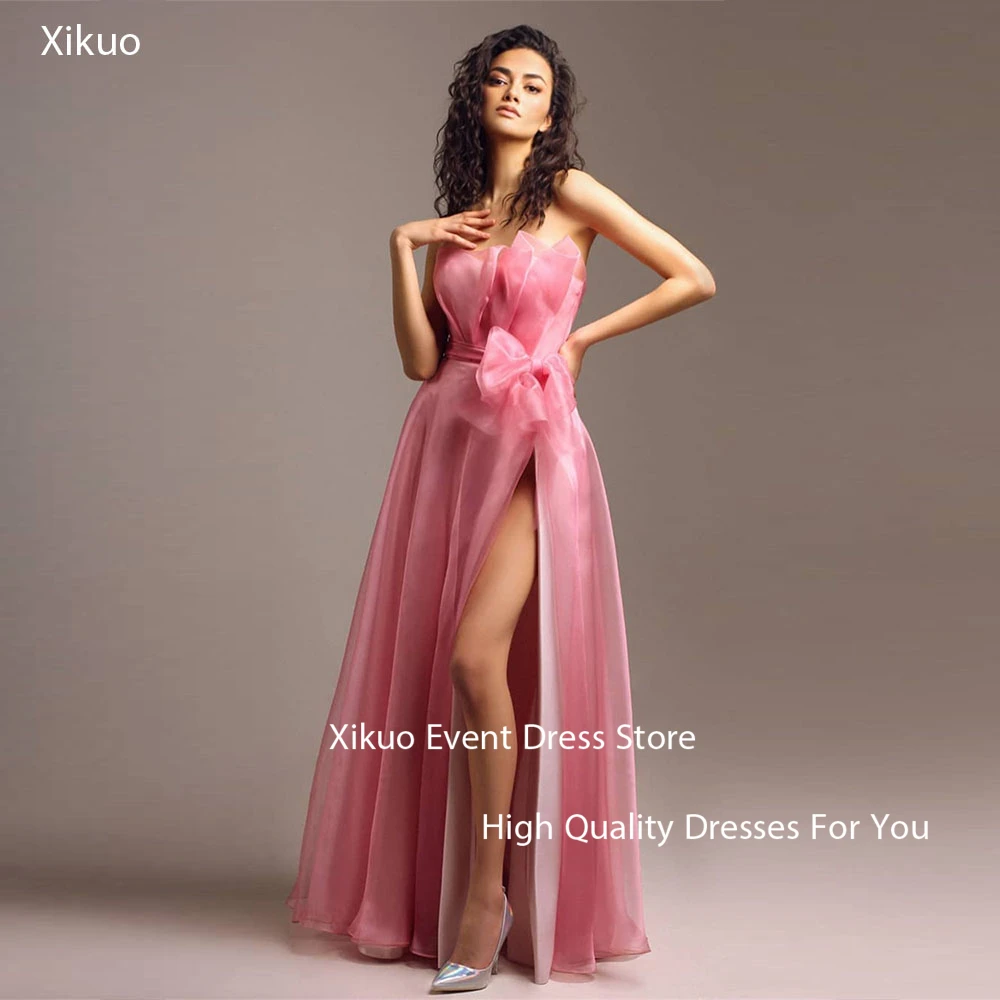 Xikuo Gaun Malam Organza Merah Muda Anggun Gaun Pesta Prom Pita Celah Sisi Tinggi Berlipat Vestidos De Gala Tanpa Tali A Line Disesuaikan