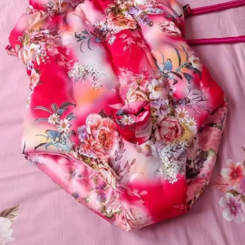 

Sexy Floral Sissy Jumpsuit Handmade Imitation Real Silk Filled Cotton Puffy Warm Belly Tank Bras Panties Couple Bodysuit Fetish