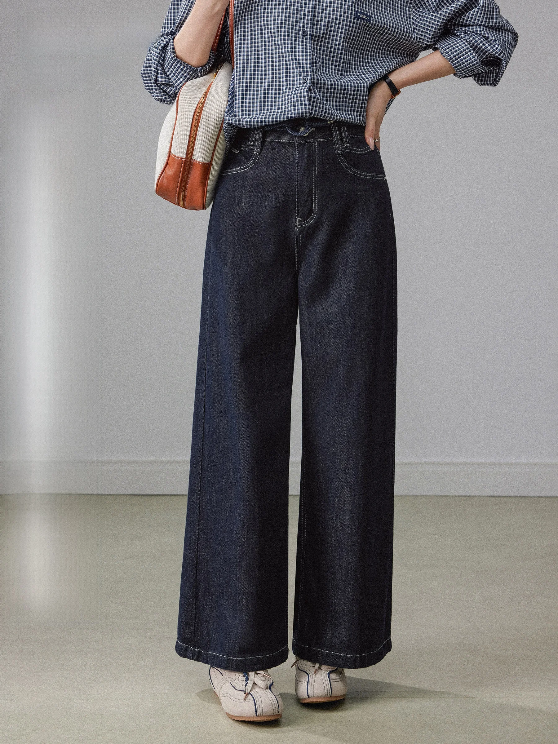 

Deep Blue Wide Leg Straight Cut Jeans Women's Spring 2025 New American Retro High Waist Slimming Trousers Casual Faion