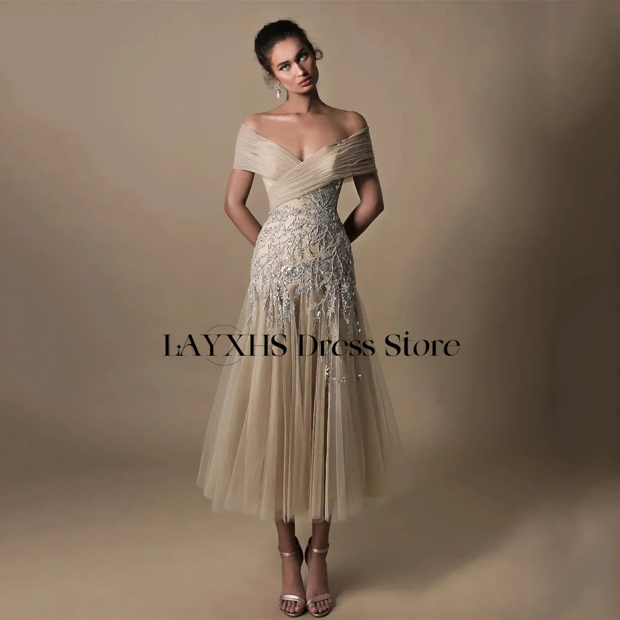 Layxhs requintado fora do ombro vestidos de noite a linha lantejoulas apliques tule chá-comprimento vestidos de baile personalizado