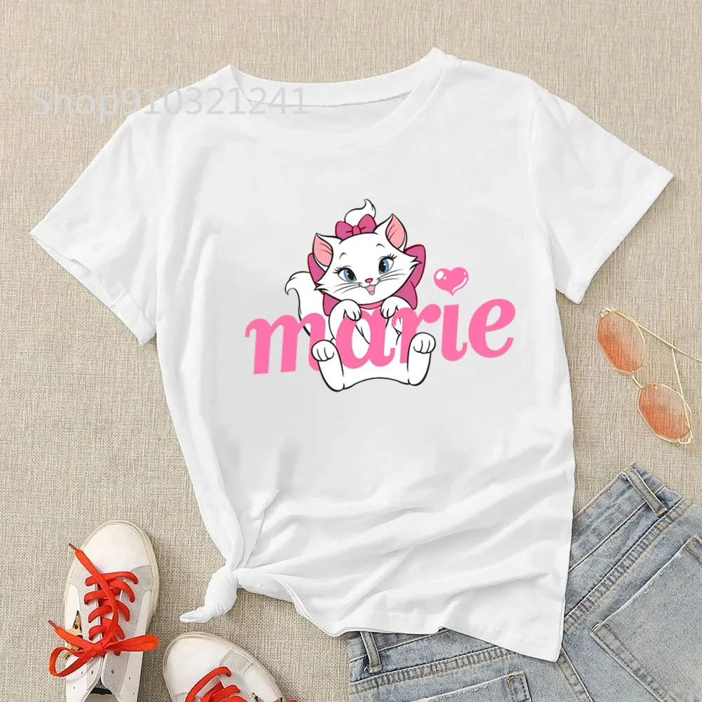 Kawaii Cat Print T Shirt Women Clothes Cute Marie Tshirt Female Animal Tees Aesthetic Top Harajuku Cartoon Femme Tshirt