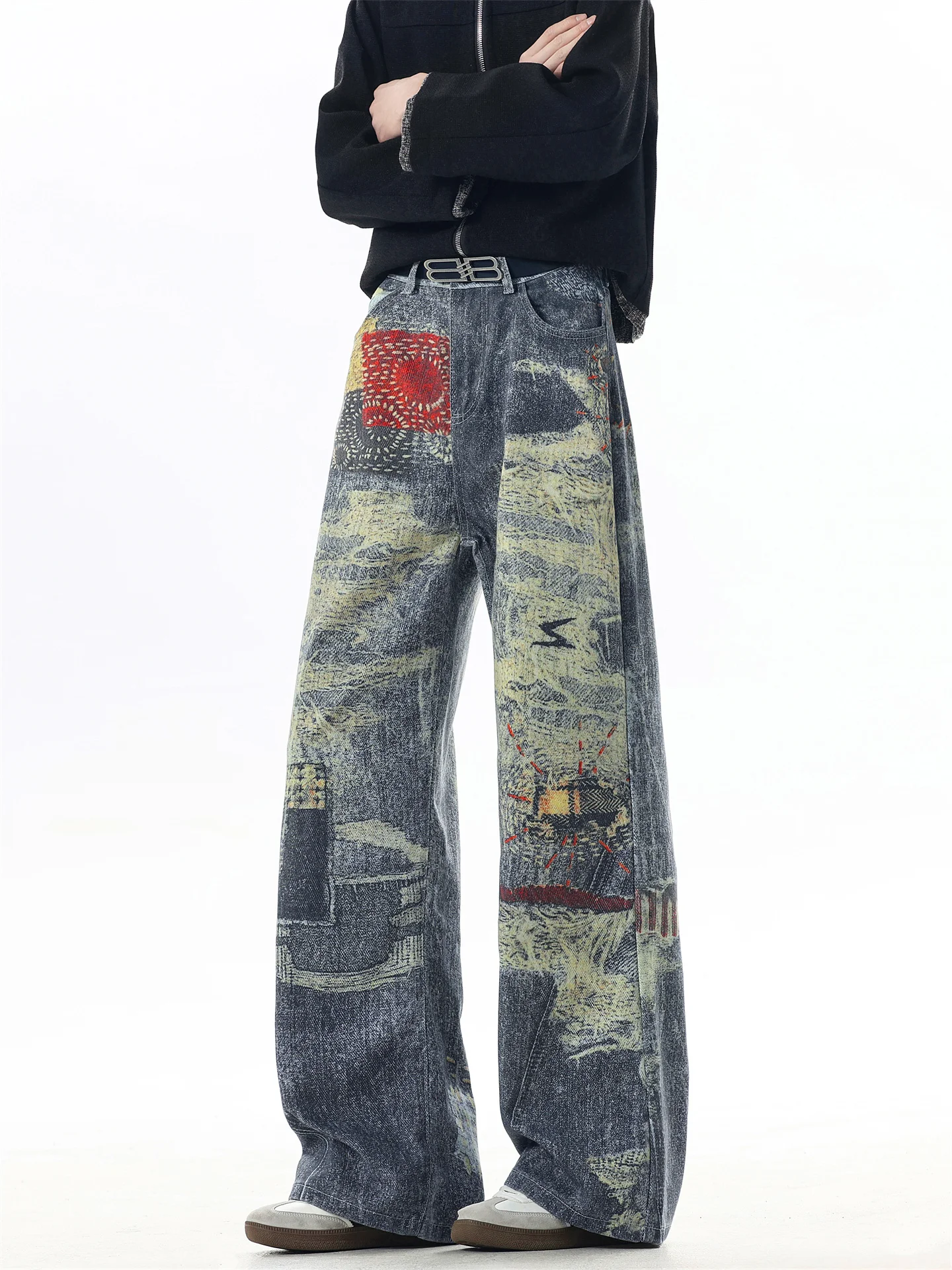 

Vintage Streetwear Men's Flared Jeans Digital Print Slim Straight Leg Casual Trousers mid Waist Zipper Closure Autumn Wear