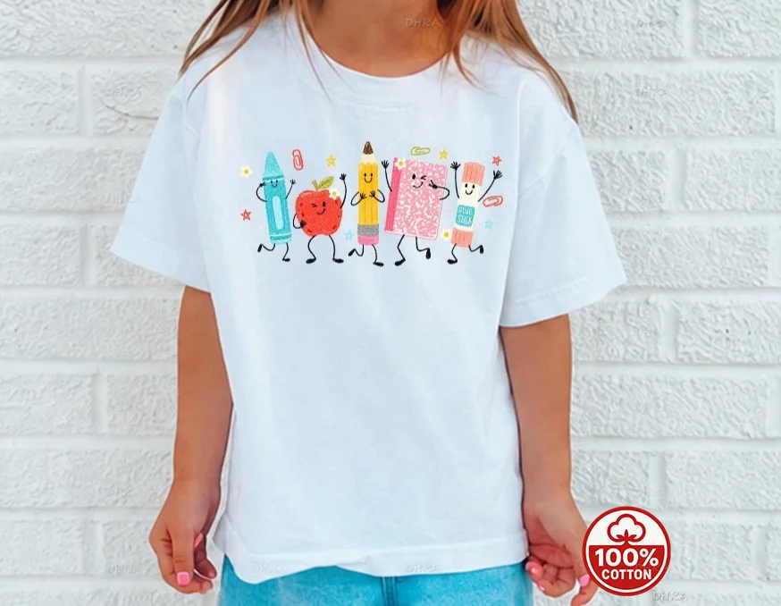 Cute School Supplies T-Shirt Unisex Dancing Characters Graphic Cotton Tee