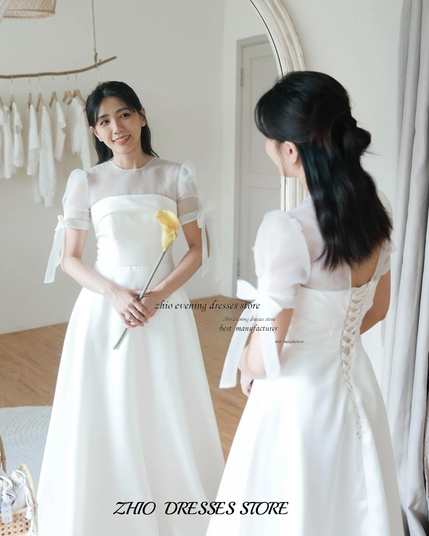 ZHIO Elegant O Neck Puff Sleeve Long Wedding Dress A Line Korean Style Custom Ivory Bridal Gown Simple Photoshoot