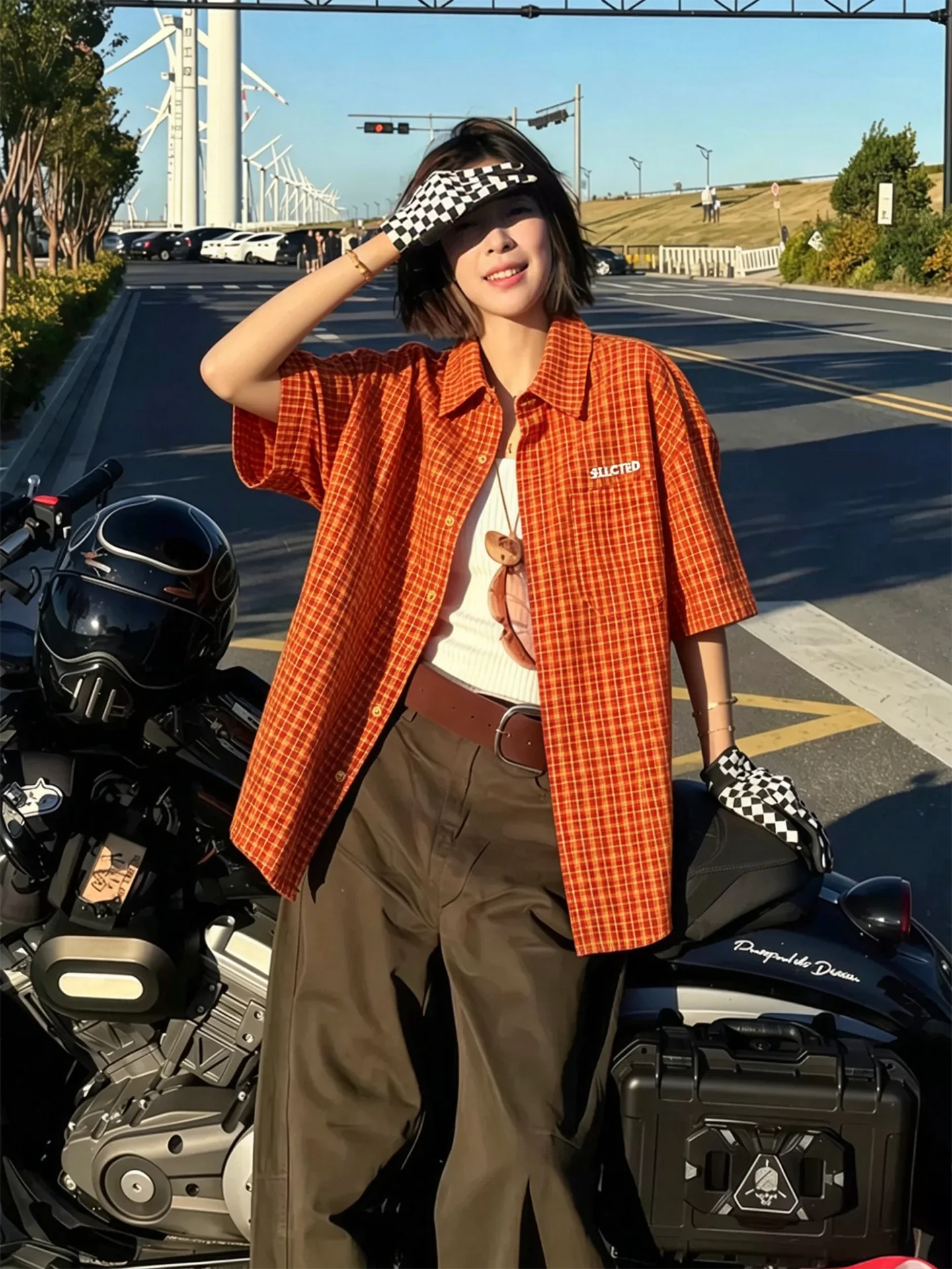 Dopamine Orange Plaid Short Sleeve Shirt Letter Embroidery Men Women Summer Casual Shirt Jacket Cotton Breathable Loose Fit