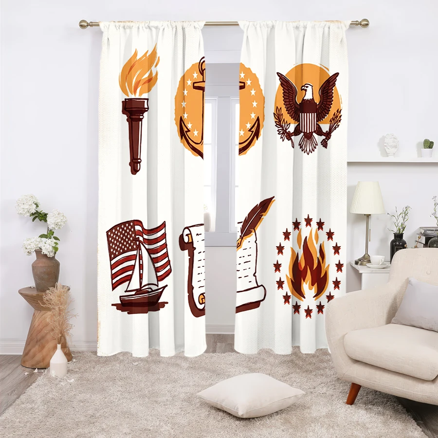 2PCS Curtains, Vintage American Symbols Including Torch, Anchor, Bald Eagle, US Flag Sailboat and Scroll Document Pattern Print,