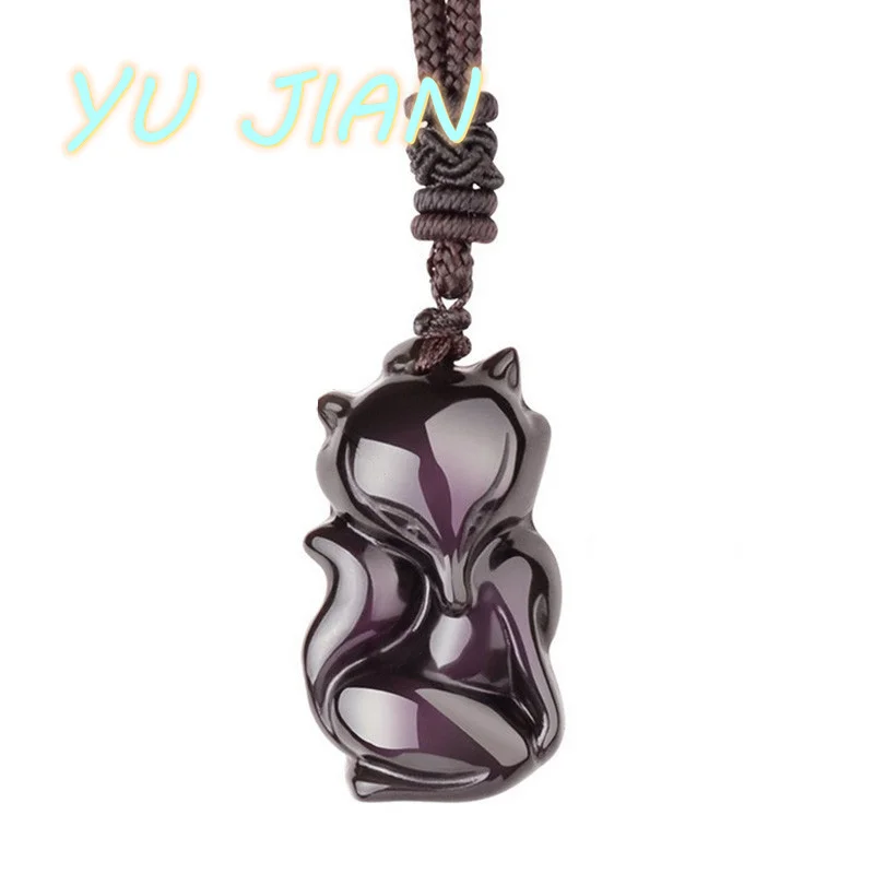 

Natural Gemstone Obsidian Fox Pendant With Lucky Chain Jewelry Men Women Fashion Necklace