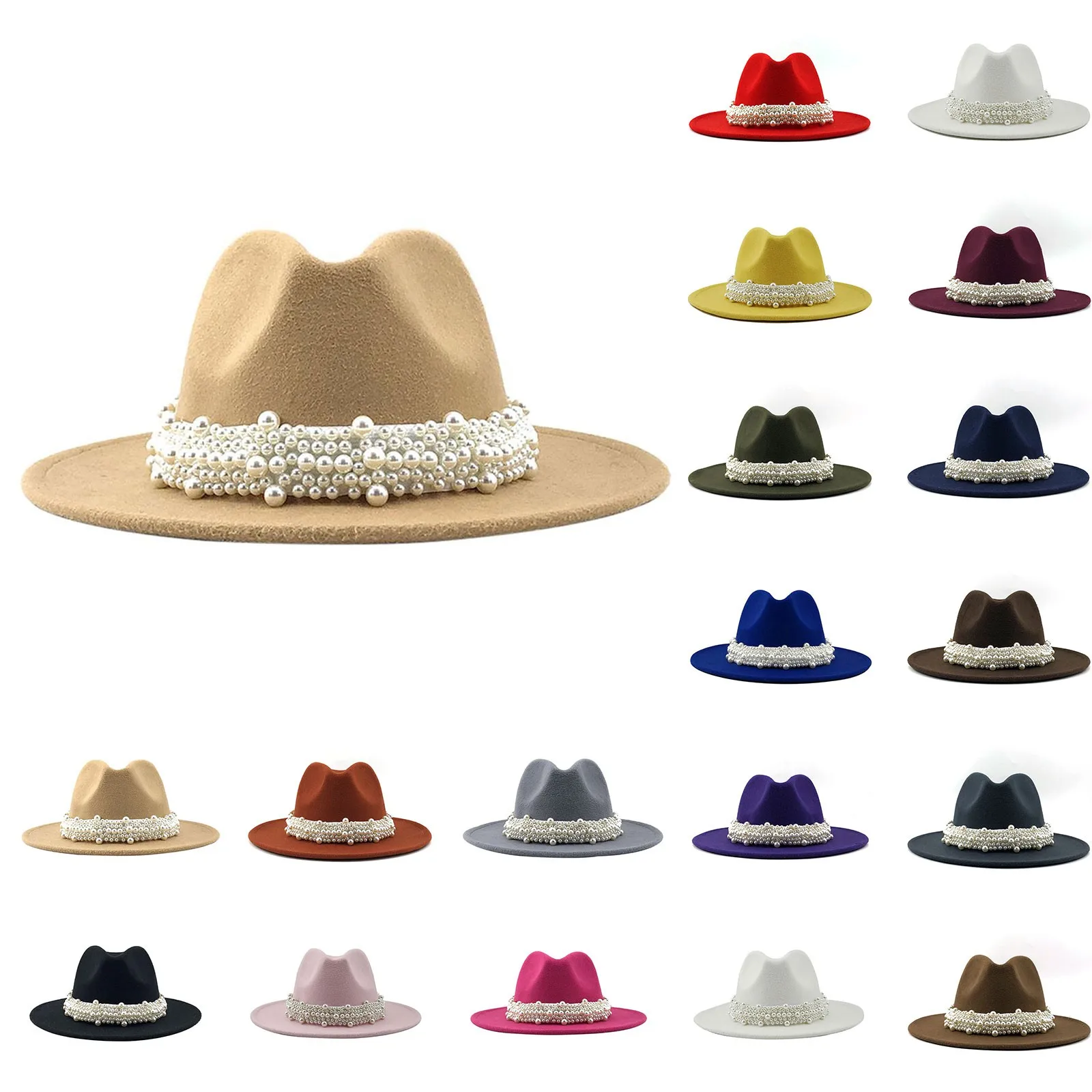 النمط البريطاني أزياء أنيقة الجاز قبعة اللؤلؤ الديكور أعلى قبعة واسعة حافة قبعة السيدات قبعة صوفية ارتداء نمط المشهد بلون