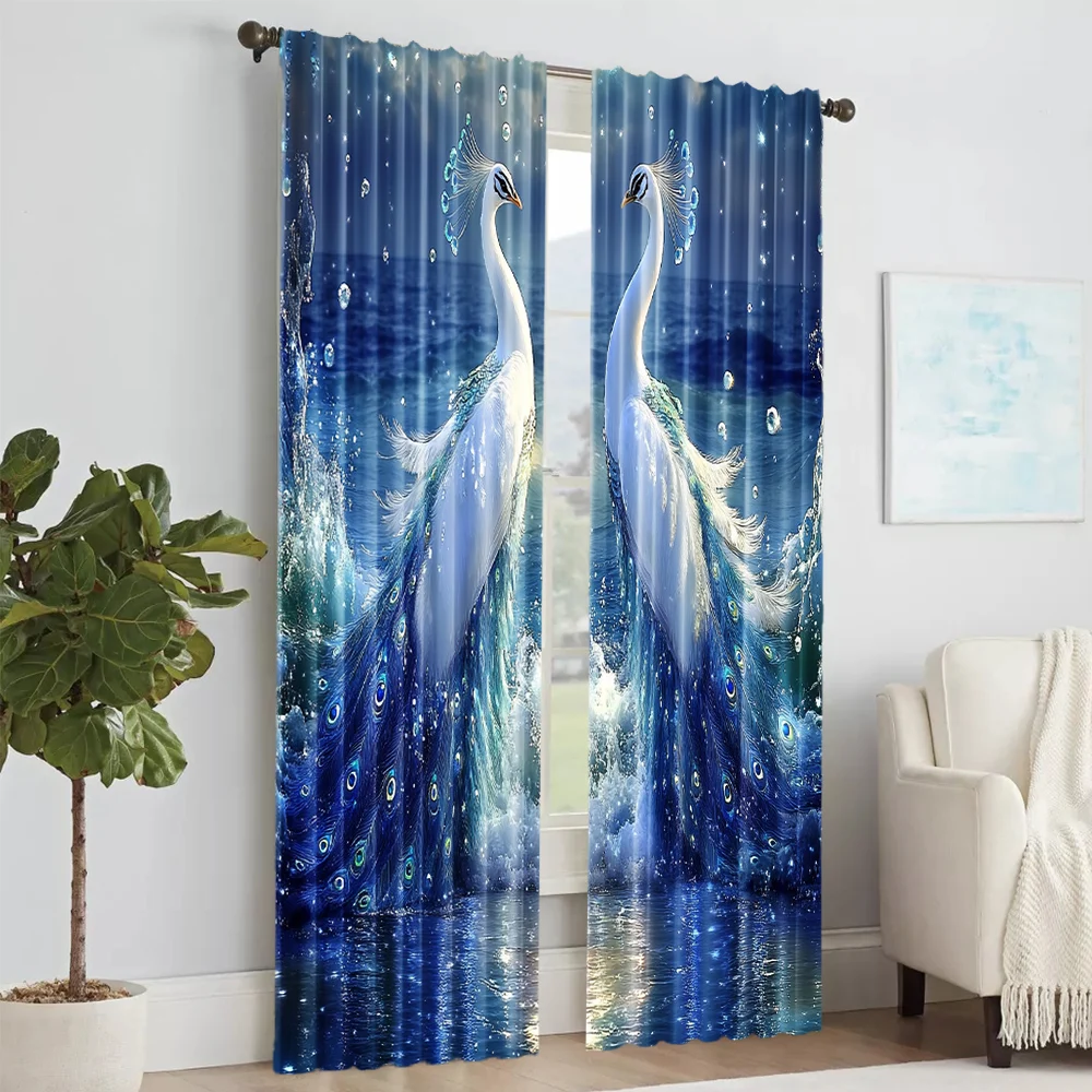 2 pcs, versatile polyester transparent curtains for home decoration Elegant Peacock for use in bedrooms and living rooms