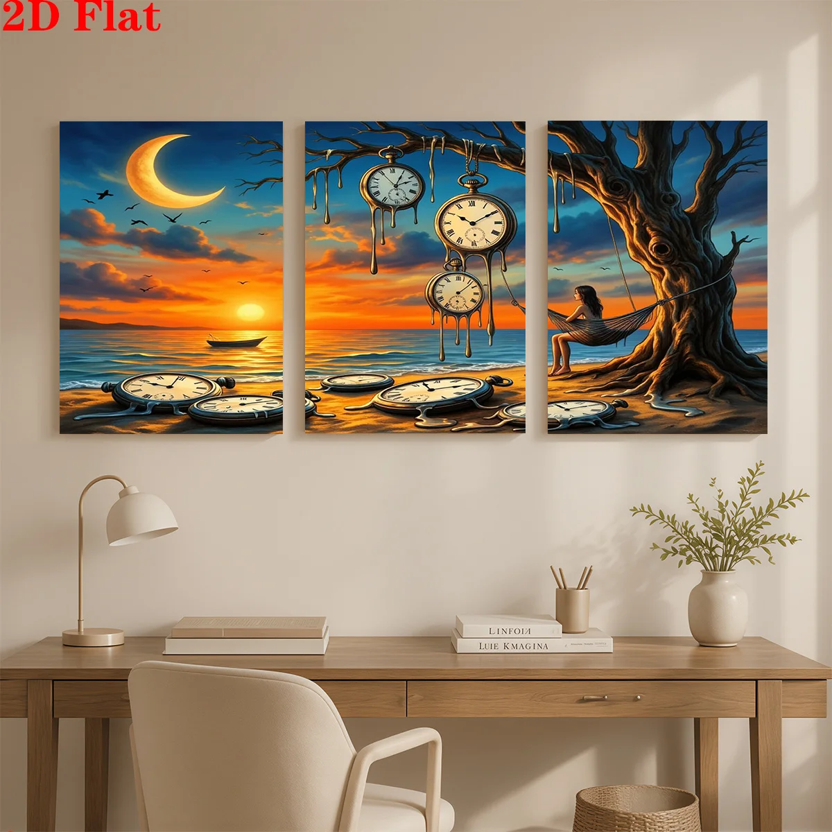 Frameless Canvas 2D 3pcs Canvas Art Wall Hanging- A Woman Sits On A Hammock Under A Tree With Melting Clocks At Sunset By Th